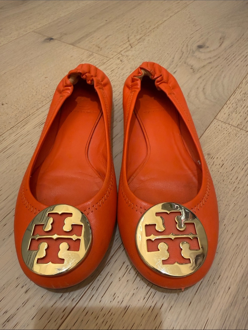 Tory Burch Bright Orange Leather Logo Ballet Flats